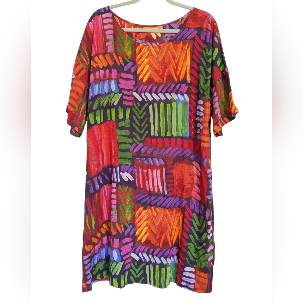 Jams World Dress Size Large Vintage 90s Colorful Geometric Short‎ Sleeve Flowy